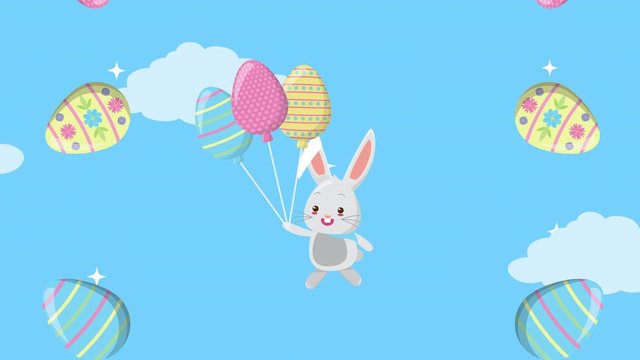happy easter animated card with rabbit in eggs balloons helium