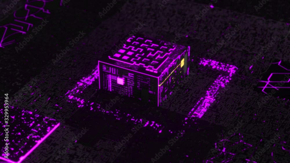 Poster 3d computer chip over circuit background of lilac and black colors. animation. artificial intelligen