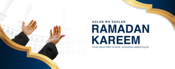 Ramadan Kareem Vector Illustration Background Template With Mal Object Praying by raising both hand In 3d Realistict Design. Eid mubarak, Islamic banner, poster, web, flyer,illustration, brochure