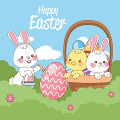 happy easter seasonal card with rabbits and little chick in camp