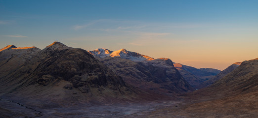 panoramic view of glencoe mountains and valley, highlands, scotland, uk.