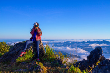 Traveler is making picture and fog morning