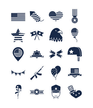 memorial day american national celebration icons set silhouette style icon