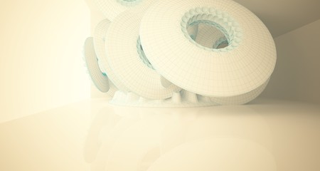 Abstract drawing architectural background. White interior with discs. 3D illustration and rendering.