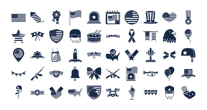 memorial day american national celebration icons set silhouette style icon