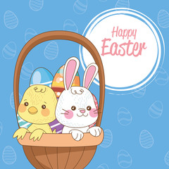 happy easter seasonal card with chick and rabbit in basket