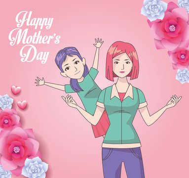 happy mothers day card with mom and daughter