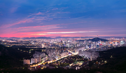 Fototapeta na wymiar View of Seoul City Skyline and Seoul Tower at Sunrise South Korea