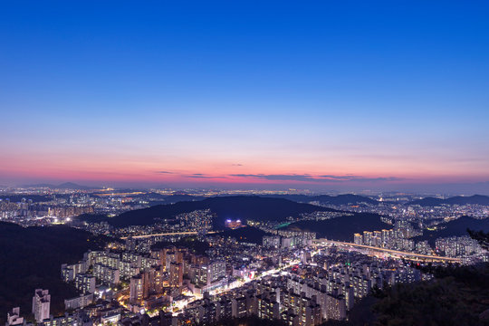 View of Seoul City Skyline at Sunset in Seoul South Korea © kampon