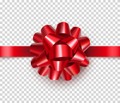Beautiful red bow from satin tape isolated on transparent background. Realistic decoration for competition or achievement congratulation. Bright bow for diploma design vector illustration.