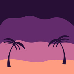Fototapeta na wymiar beach composition flat . Purple vector illustration palm trees in beautiful style on colorful background. Vector exotic summer background.