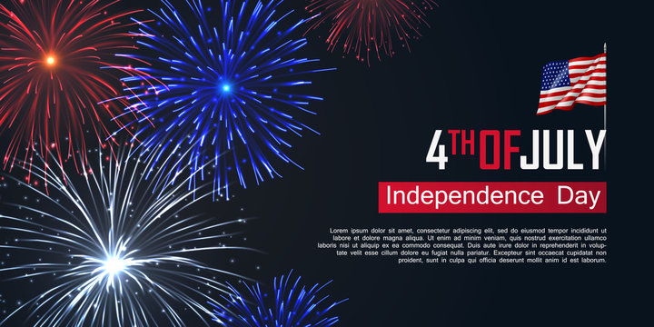 Fourth of July happy independence day horizontal banner. USA day celebration flyer with realistic dazzling display of fireworks. National patriotic and political holiday poster vector illustration.