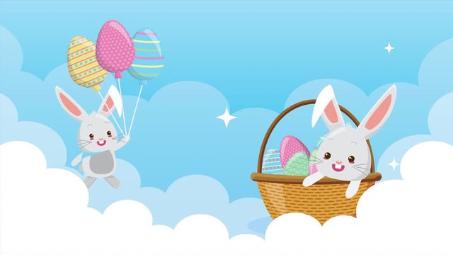 happy easter animated card with rabbits couple in the sky