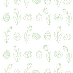 Seamless Pattern with growing contour flowers tulips, eggs. Easter spring background. For printing wrapping paper, wallpaper, packaging, fabric. Hand Drawn doodle illustration