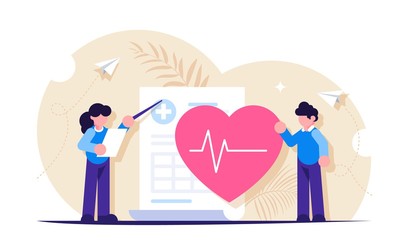 Health insurance or life is a concept. People stand near a medical document depicting a large heart. The girl looks at the documents and shows with a pointer. Modern flat vector illustration.