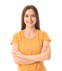 Young woman with beautiful smile on white background