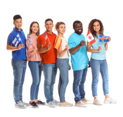 Young students of language school on white background