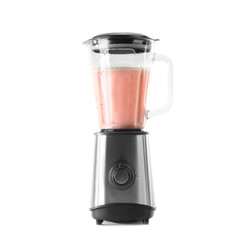 Blender with healthy smoothie on white background