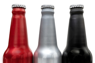 bottles red, silver and black color of beer isolated on white background. with clipping paths.