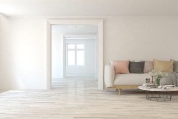Modern living room in white color with sofa. Scandinavian interior design. 3D illustration