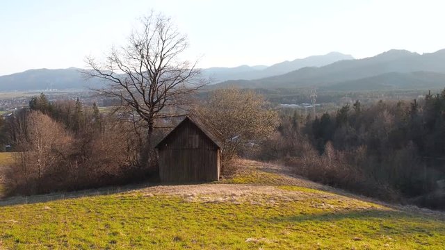 Old wooden barn on the meadow with a tree and mountains behind.