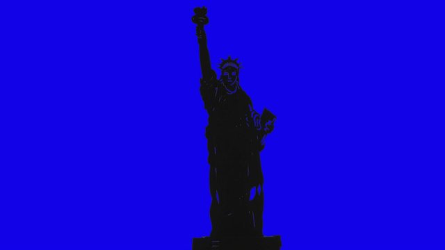 Statue Of Liberty Silhouette Rotating On Blue Screen Background.
