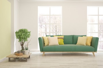Modern living room in white color with sofa. Scandinavian interior design. 3D illustration