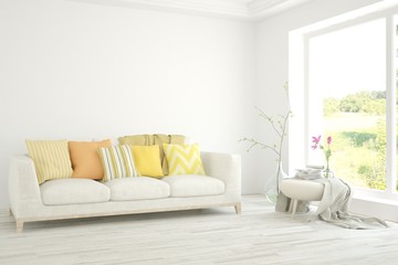 Modern living room in white color with sofa. Scandinavian interior design. 3D illustration