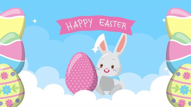 happy easter animated card with cute rabbit and eggs painted