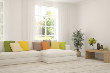 Minimalist living room in white color with sofa and summer landscape in window. Scandinavian interior design. 3D illustration
