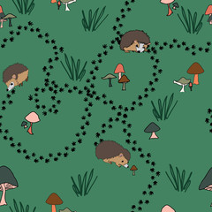 Hedgehog Trails, footprints and mushrooms seamless vector pattern illustration