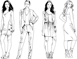 vector drawings on the theme of beautiful slim sporty girl in casual clothes in various poses painted ink hand sketch with no background