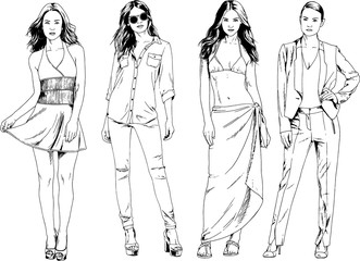 vector drawings on the theme of beautiful slim sporty girl in casual clothes in various poses painted ink hand sketch with no background