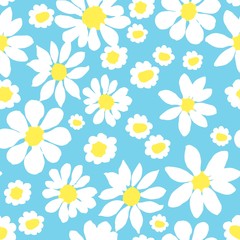 All-over vector seamless repeat pattern with white daisies of different shapes tossed on a blue background