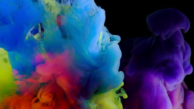 4K, Colorful paint drops mixing in water, abstract color mixing in water slow motion, drop of Ink color falling on water,  4K footage,