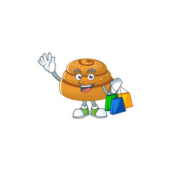 Smiley rich kanelbulle mascot design with Shopping bag