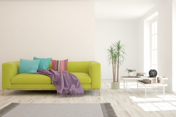 Modern living room in white color with sofa. Scandinavian interior design. 3D illustration