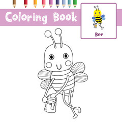 Coloring page Big Bee flying with jar of honey animal cartoon character vector illustration