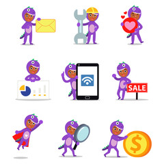 Fototapeta premium Set character of man as a funny giant purple dragon with long tail.