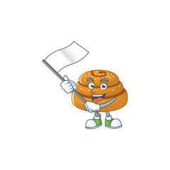 A patriotic kanelbulle mascot character design holding standing flag