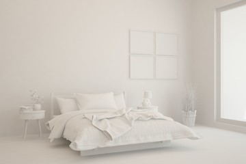 Modern bedroom in white color. Scandinavian interior design. 3D illustration