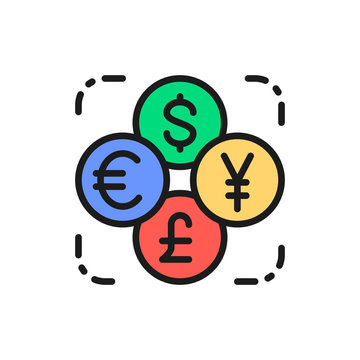 Currency exchange, foreign money, coin of dollar, euro, yen flat color line icon