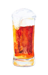 A glass of cold fresh beer with a thick foam. Watercolor illustration isolated on white background