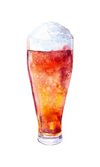 A glass of cold fresh beer with a thick foam. Watercolor illustration isolated on white background