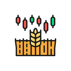 Wheat index growth chart, rising cost of food, stock market trading color icon.