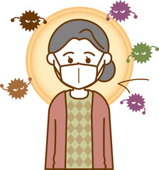 風邪予防のマスクをしている老人女性のイメージイラスト