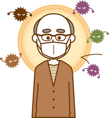 風邪予防のマスクをしている老人男性のイメージイラスト