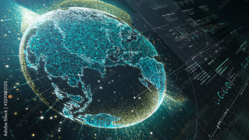 Poster Futuristic motion graphic user interface head up display screen with Holographic Earth and digital data telemetry information display for digital background computer desktop display screen