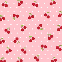 Cute red cherry and green leaf with white polka dot isolated on pink pastel background.Design for print screen backdrop ,Fabric and tile pattern wallpaper.Cartoon fruit. 