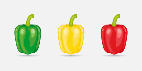 Green ,yellow and red bell pepper flat icon collection set isolated on white background.Fresh organic vegetable.Hot spicy food.Design for clipart ,logo.Vector.Illustration.
